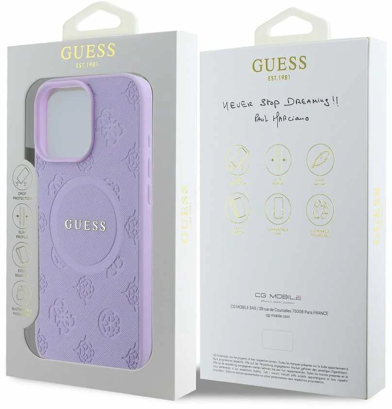 Guess GUHMP16XPSAPSMEU Apple iPhone 16 Pro Max 6.9″ violetinės spalvos kietas dėklas Saffiano Peony Classic Logo M