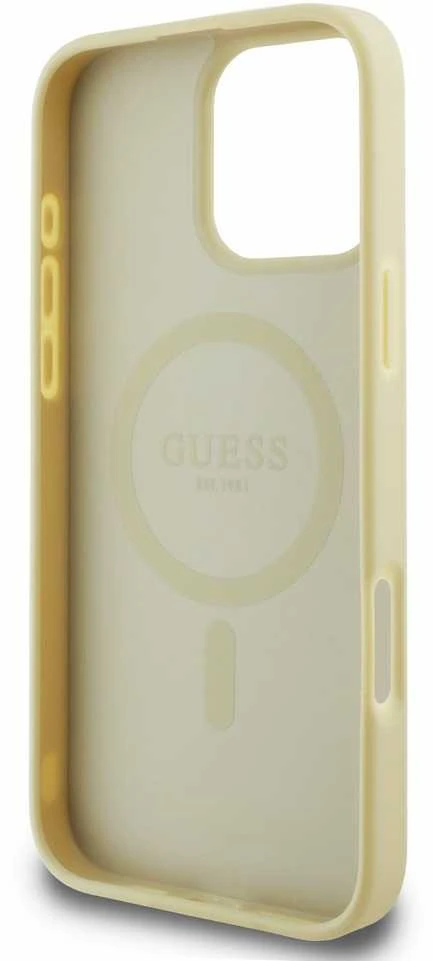 Guess GUHMP16LPSAPSMED Apple iPhone 16 Pro 6.3″ auksinis kietas dėklas Saffiano Peony Classic Logo MagSafe