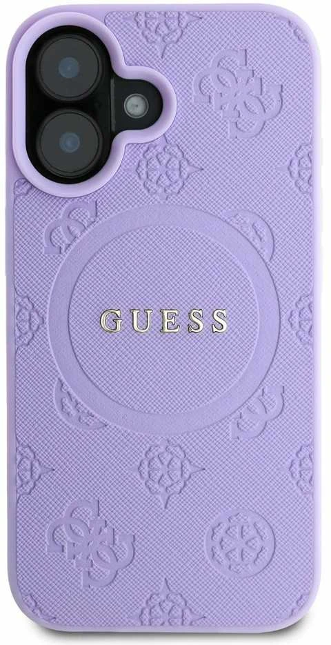 Guess GUHMP16SPSAPSMEU Apple iPhone 16 6.1″ violetinės spalvos kietas dėklas Saffiano Peony Classic Logo MagSafe