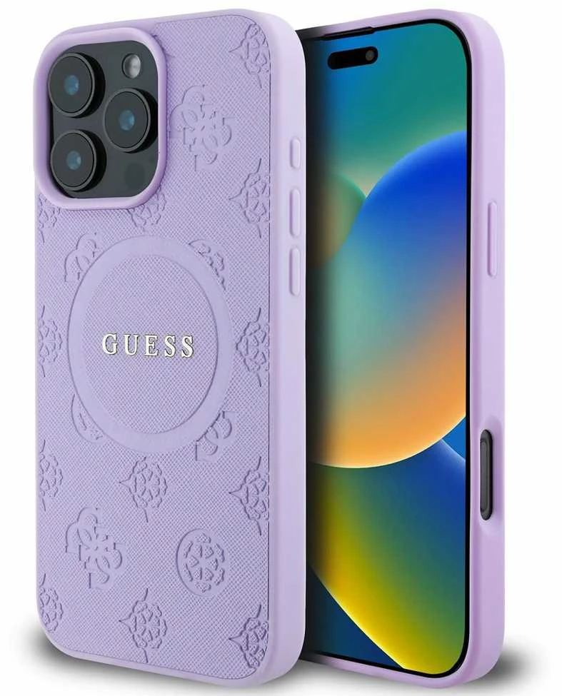 Guess GUHMP16XPSAPSMEU Apple iPhone 16 Pro Max 6.9″ violetinės spalvos kietas dėklas Saffiano Peony Classic Logo M