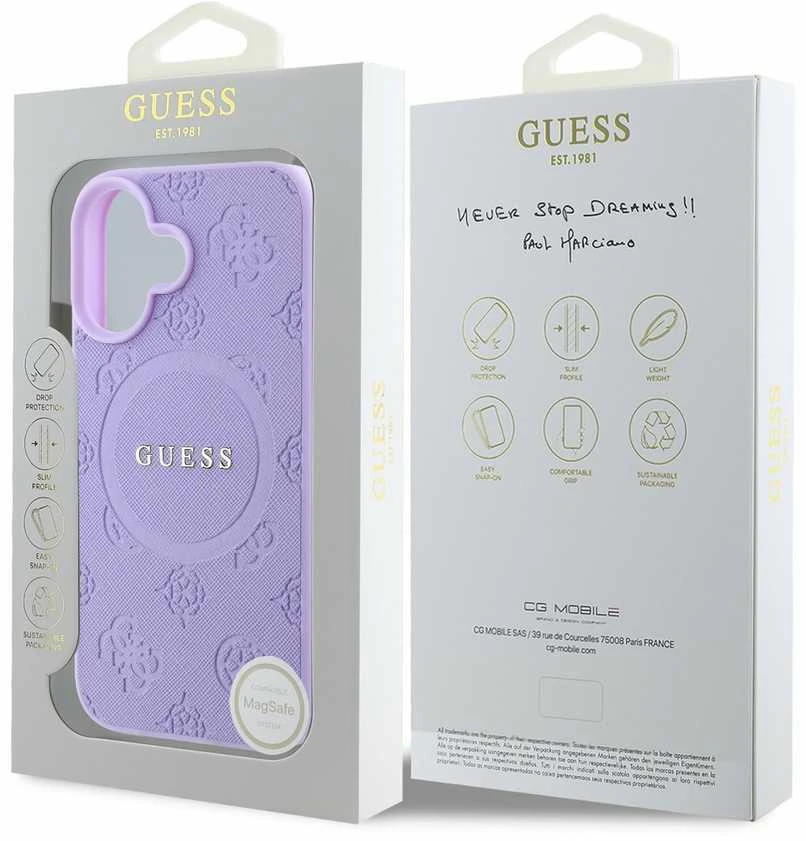 Guess GUHMP16SPSAPSMEU Apple iPhone 16 6.1″ violetinės spalvos kietas dėklas Saffiano Peony Classic Logo MagSafe