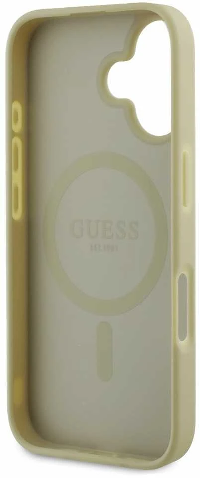 Guess GUHMP16SPSAPSMED Apple iPhone 16 6.1″ auksinis kietas dėklas Saffiano Peony Classic Logo MagSafe