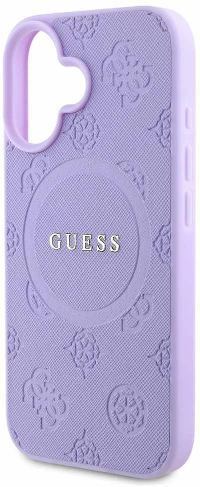 Guess GUHMP16SPSAPSMEU Apple iPhone 16 6.1″ violetinės spalvos kietas dėklas Saffiano Peony Classic Logo MagSafe