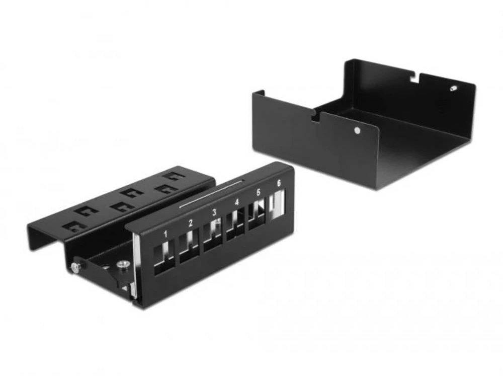 „DeLOCK Keystone“ komutacinė panelė, 6 prievadų, juoda, juoda, metalinė, 112,5 mm, 123,5 mm, 45,2 mm