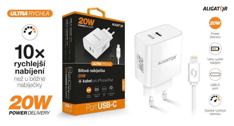 Aligator USB-C PD 20W greitas įkroviklis su USB-C laidu aprašymas - Prekės nuotrauka
