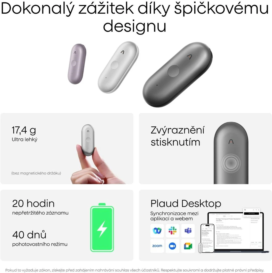 Diktofonas PLAUD NotePin S, Sidabrinis