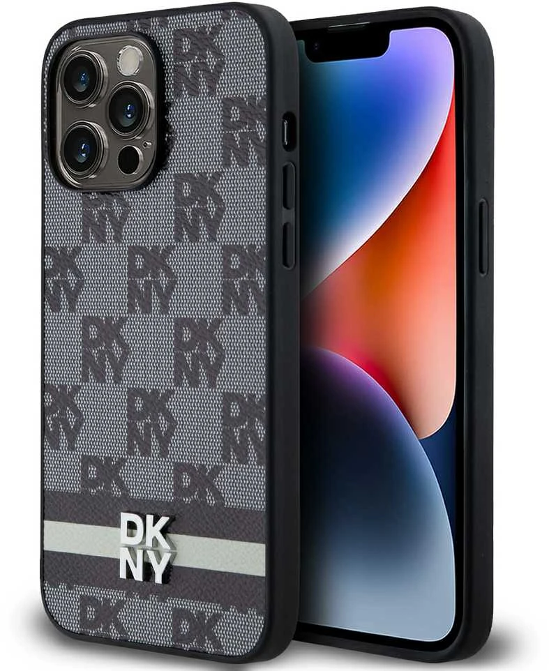 Apple iPhone 15 Pro Max DKNY dėklas odinis Checkered Mono Pattern & Printed Stripes (DKHCP15XPCPTSSK) juodos spalvos
