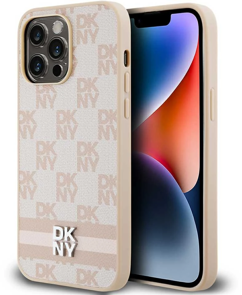 Apple iPhone 15 Pro Max DKNY dėklas odinis Checkered Mono Pattern & Printed Stripes (DKHCP15XPCPTSSP) rožinės spalvos