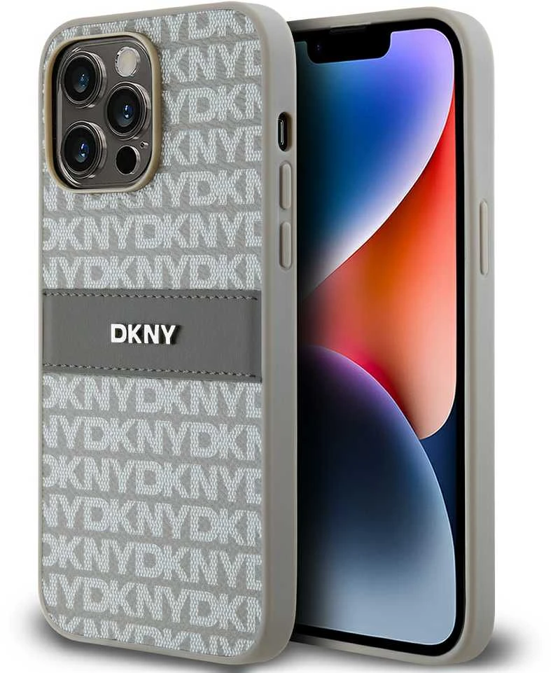 Apple iPhone 15 Pro Max DKNY dėklas odinis Mono Stripe & Metal Logo (DKHCP15XPRTHSLE) beige