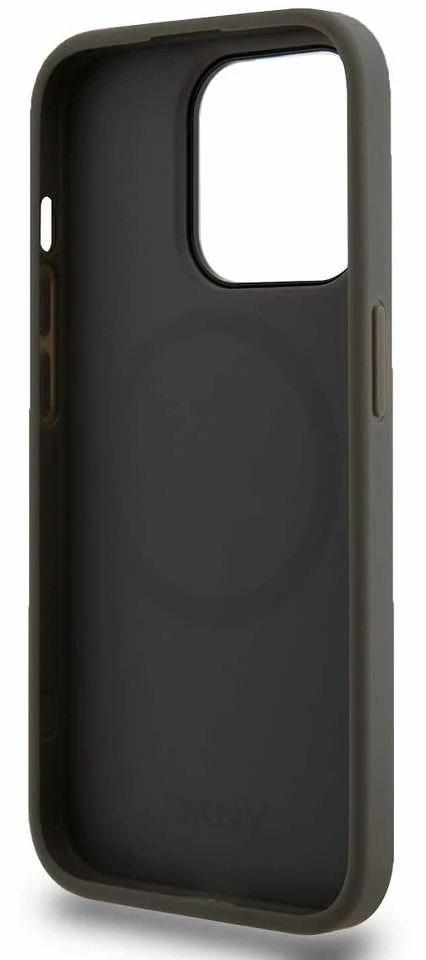 DKNY PU Leather Stack Logo Magsafe dėklas telefonui Apple iPhone 15 Pro pilkos spalvos