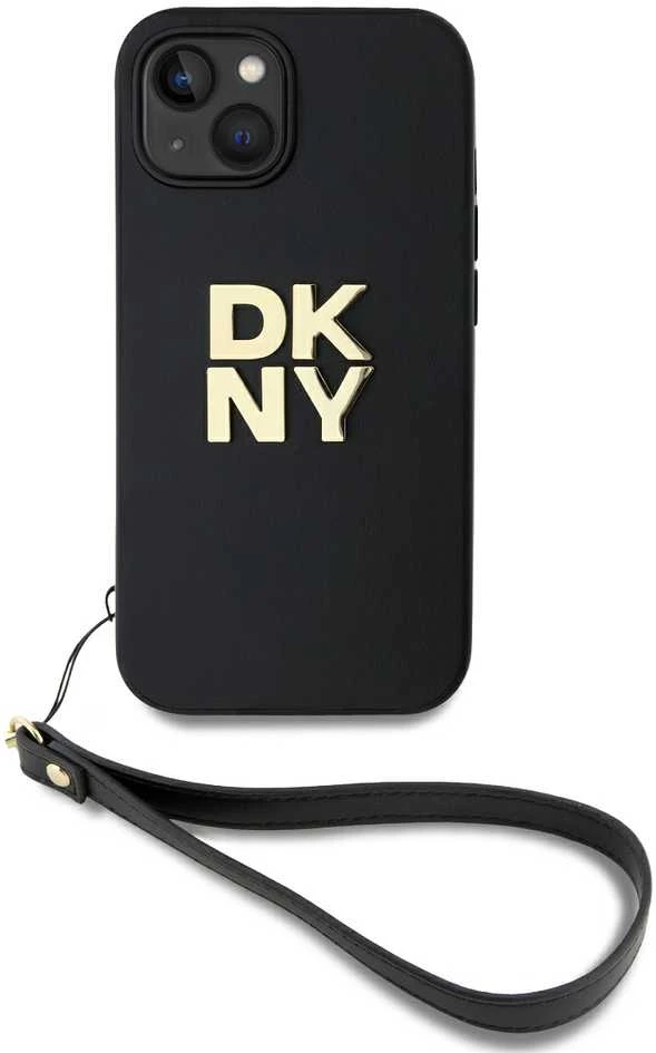 DKNY PU Leather Stack Logo Wrist Strap dėklas telefonui Apple iPhone 13 juodos spalvos