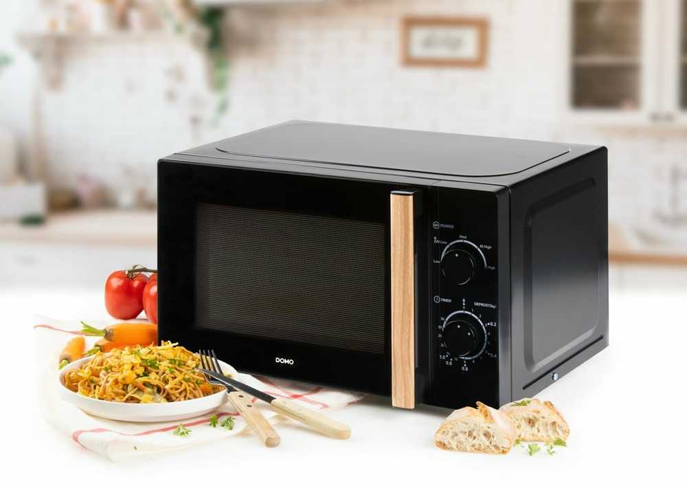 DOMO DO2820 mikrobangų krosnelė orkaitė - 20L - 700W - 35 min laikmatis - Atitirpinimo funkcija - L44 x D35,8 x A 25,8 cm - Juodas medžio apdaila