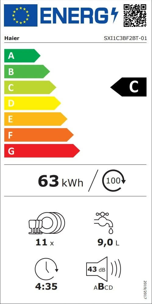 DTV Haier SXI1C3BF2BT-01 I-PRO SHINE SERIES 4 built-in indaplovė, 11 place settings, 45 cm wide