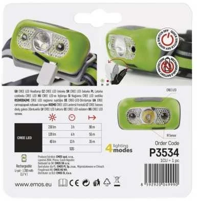 Žibintuvėlis ant galvos, LED 5W CREE, 230lm, 1200mAh baterija, įkraunamas Micro USB, EMOS