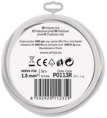 Emos Prailginimo laidas 3 m / 1 lizdas / baltas / PVC / 1,5 mm2