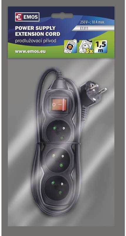 EMOS Extension cable with switch 3 sockets 1,5m, juodas