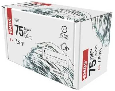 LED girlianda NANO, 230Vac, 7.5m, 75 x LED, šaltai balta, su laikmačiu, EMOS