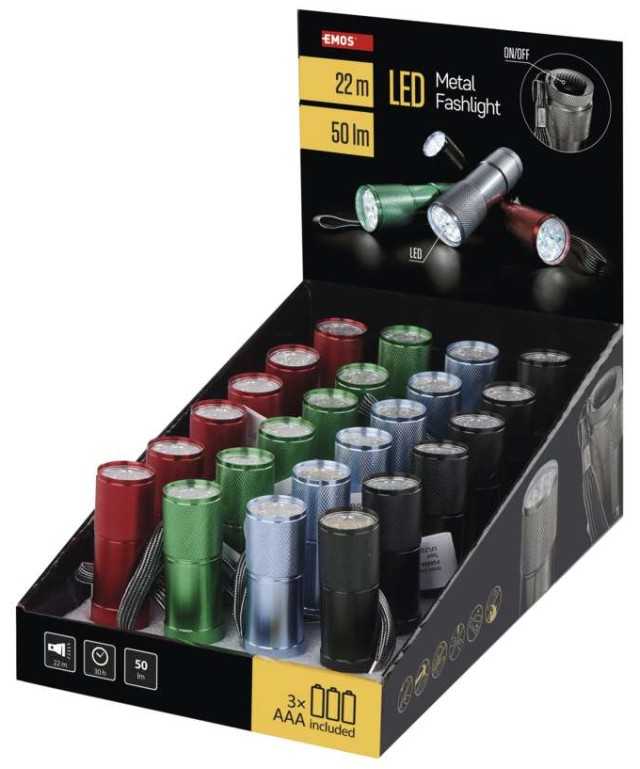 Emos LED rankinis metalinis žibintuvėlis P3848A, 50 lm, 3× AAA, 1 vnt., dėžutėje