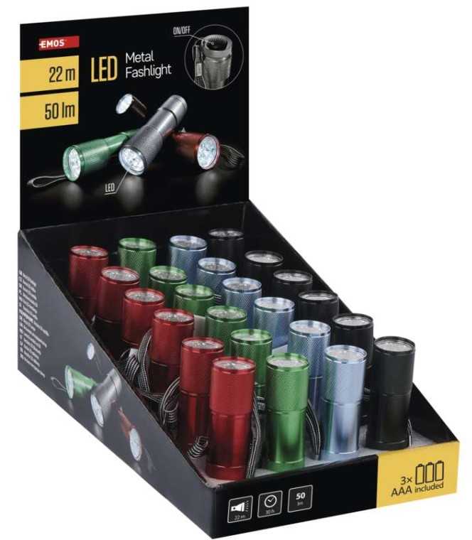 Emos LED rankinis metalinis žibintuvėlis P3848A, 50 lm, 3× AAA, 1 vnt., dėžutėje
