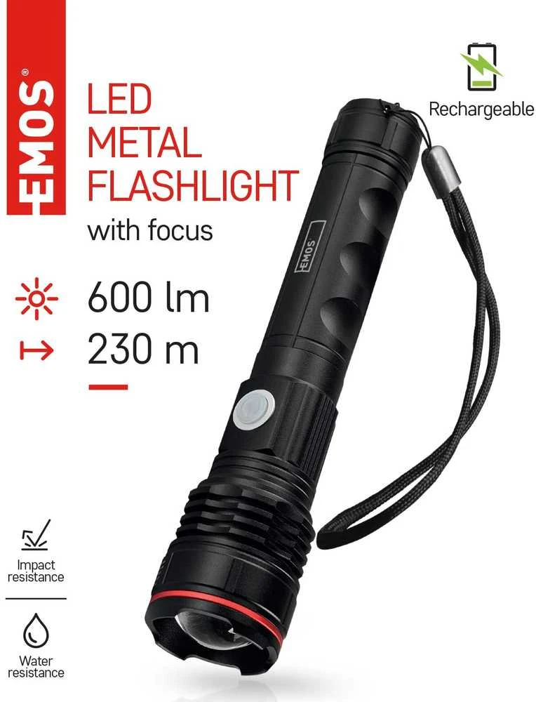 Emos Žibintuvėlis LED įkraunamas USB-C 600lm 3 režimai 100/50/25% hermetiškas P3116 aliuminis juodas, gali veikti su baterijomis 3x R03 AAA