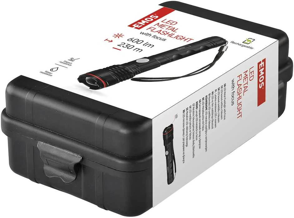 Emos Žibintuvėlis LED įkraunamas USB-C 600lm 3 režimai 100/50/25% hermetiškas P3116 aliuminis juodas, gali veikti su baterijomis 3x R03 AAA