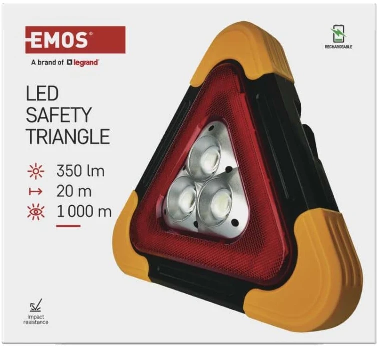 EMOS įkraunamas LED avarinis įspėjamasis trikampis su išorinio akumuliatoriaus funkcija, 350 lm, P4010