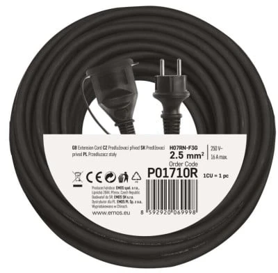 Extension cable 1 socket 3x2.5 mm2 10 m juodas P01710R EMOS