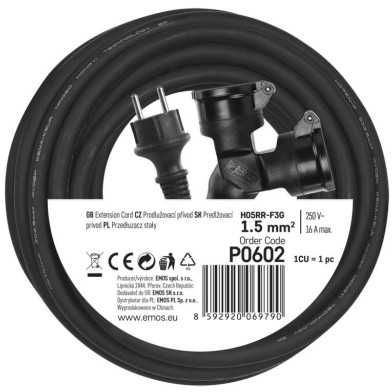 Emos Outdoor extension cable 15m / 2 sockets / juodas / rubber / 230 V / 1.5mm2