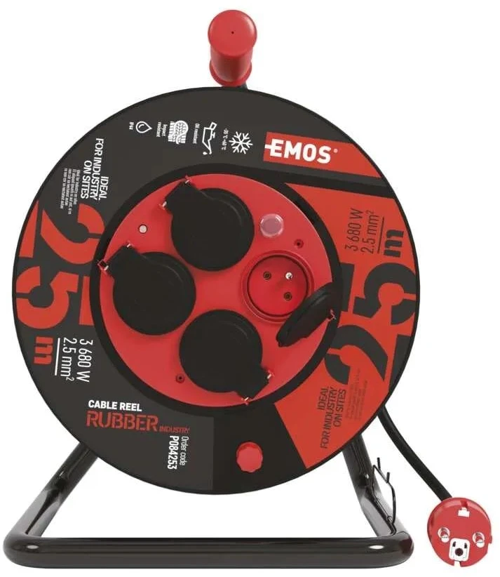 Emos P084253 Lauko prailginimo kabelis ant būgno 25 m / 4 vnt. / juodas / guma-neoprenas / 230V / 2,5 mm2