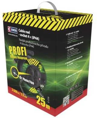 Emos P084253 Lauko prailginimo kabelis ant būgno 25 m / 4 vnt. / juodas / guma-neoprenas / 230V / 2,5 mm2
