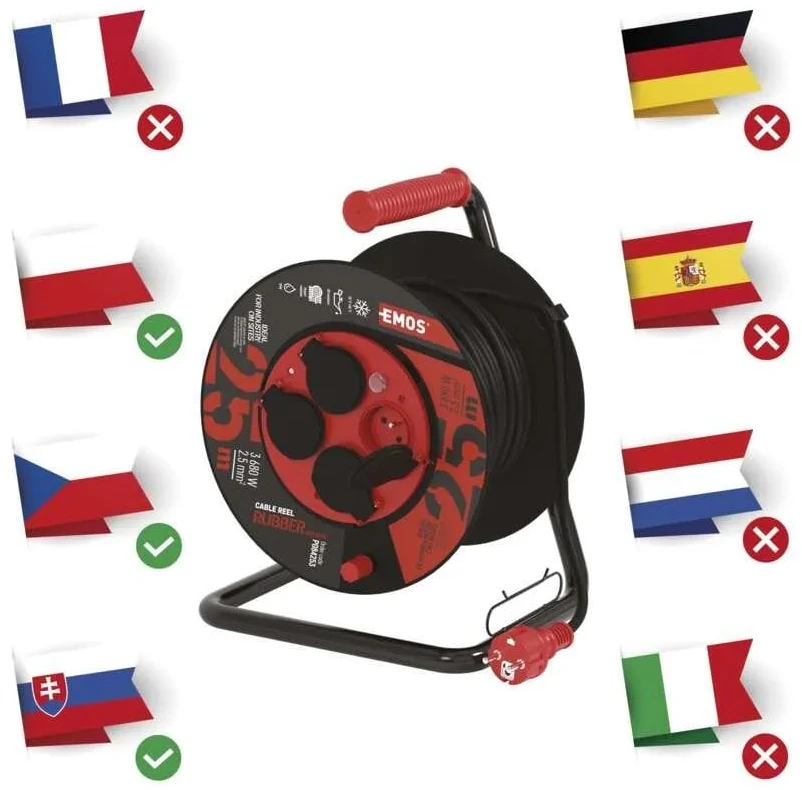 Emos P084253 Lauko prailginimo kabelis ant būgno 25 m / 4 vnt. / juodas / guma-neoprenas / 230V / 2,5 mm2
