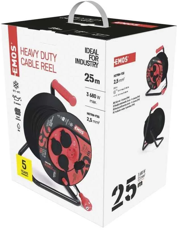 Emos P084253 Lauko prailginimo kabelis ant būgno 25 m / 4 vnt. / juodas / guma-neoprenas / 230V / 2,5 mm2