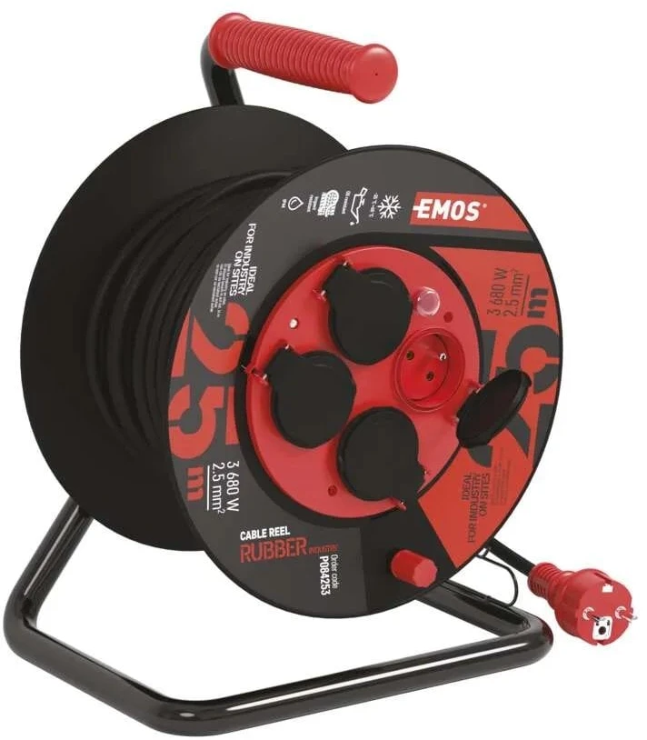 Emos P084253 Lauko prailginimo kabelis ant būgno 25 m / 4 vnt. / juodas / guma-neoprenas / 230V / 2,5 mm2