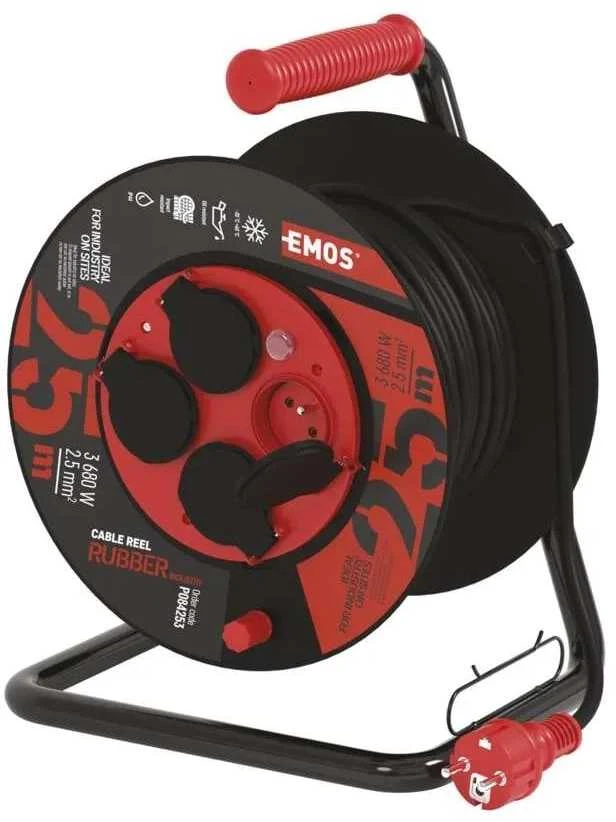 Emos P084253 Lauko prailginimo kabelis ant būgno 25 m / 4 vnt. / juodas / guma-neoprenas / 230V / 2,5 mm2