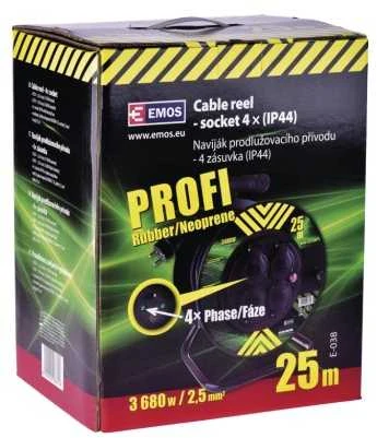 Emos P084253 Lauko prailginimo kabelis ant būgno 25 m / 4 vnt. / juodas / guma-neoprenas / 230V / 2,5 mm2