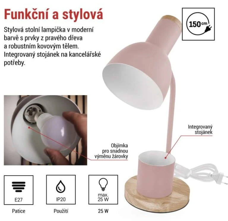 EMOS POPPY Table Lamp for E27 Bulb, Rožinė