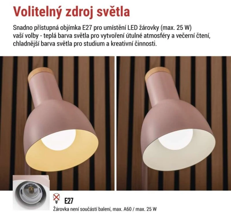 EMOS POPPY Table Lamp for E27 Bulb, Rožinė