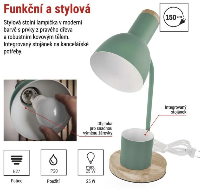 EMOS POPPY Table Lamp for E27 Bulb, Žalias
