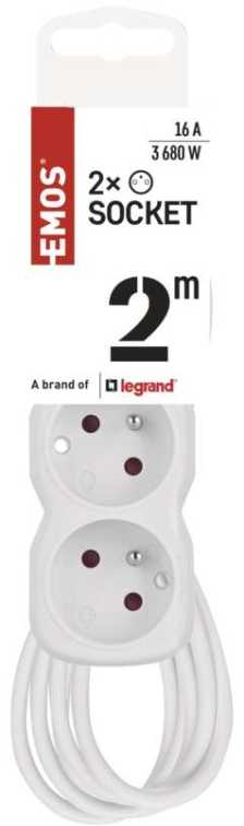 Emos prailginimo laidas 2 m / 2 lizdai / su jungikliu / baltas / PVC / 1 mm2