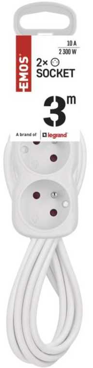 Emos extension cable 3 m / 2 sockets / with switch / baltas / PVC / 1 mm2