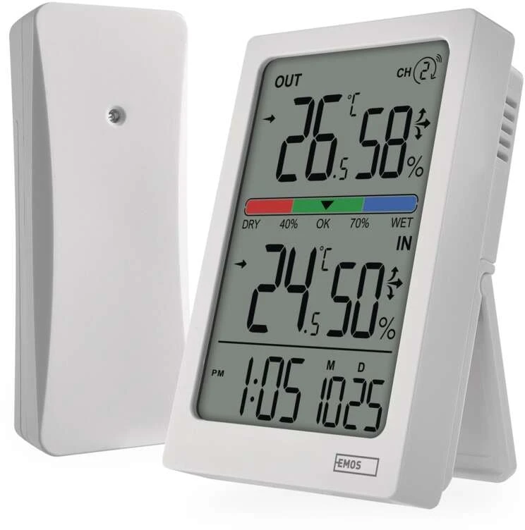 EMOS Skaitmeninis termometras with Hygrometer, Wireless Sensor, Alarm Clock, and Date Ekranas E0558W