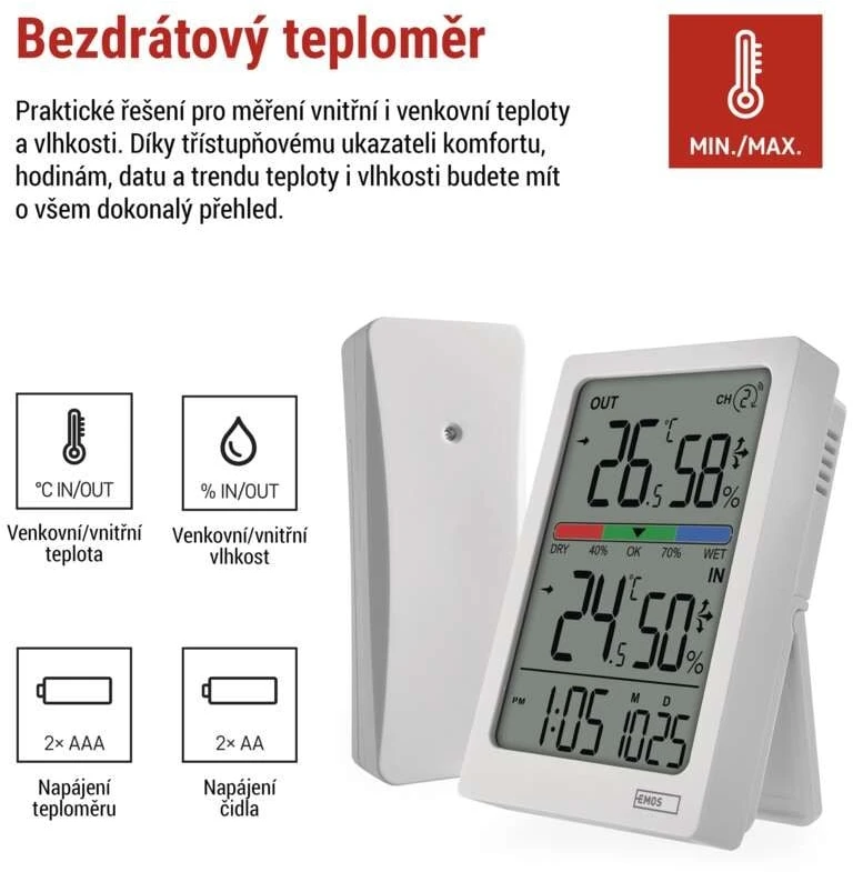 EMOS Skaitmeninis termometras with Hygrometer, Wireless Sensor, Alarm Clock, and Date Ekranas E0558W