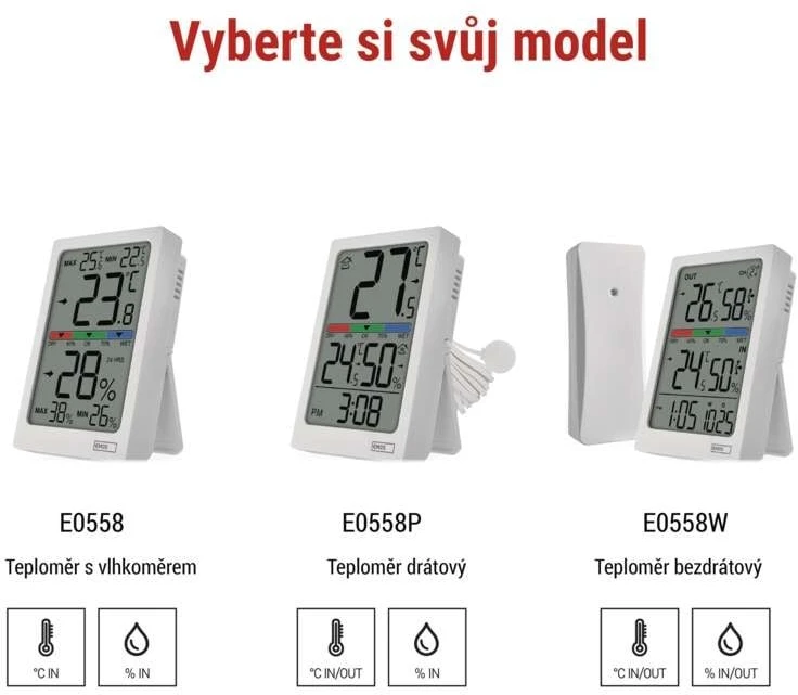 EMOS Skaitmeninis termometras with Hygrometer, Wireless Sensor, Alarm Clock, and Date Ekranas E0558W