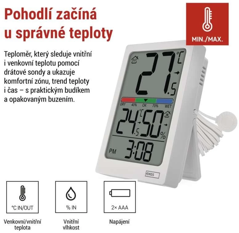 EMOS Skaitmeninis termometras with Hygrometer, Wired Sensor, Alarm Clock E0558P