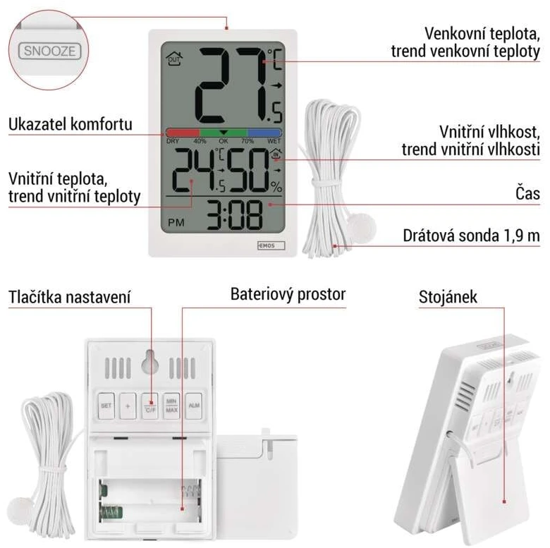 EMOS Skaitmeninis termometras with Hygrometer, Wired Sensor, Alarm Clock E0558P