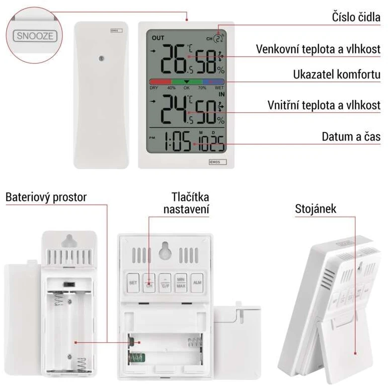EMOS Skaitmeninis termometras with Hygrometer, Wireless Sensor, Alarm Clock, and Date Ekranas E0558W