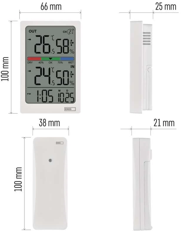 EMOS Skaitmeninis termometras with Hygrometer, Wireless Sensor, Alarm Clock, and Date Ekranas E0558W