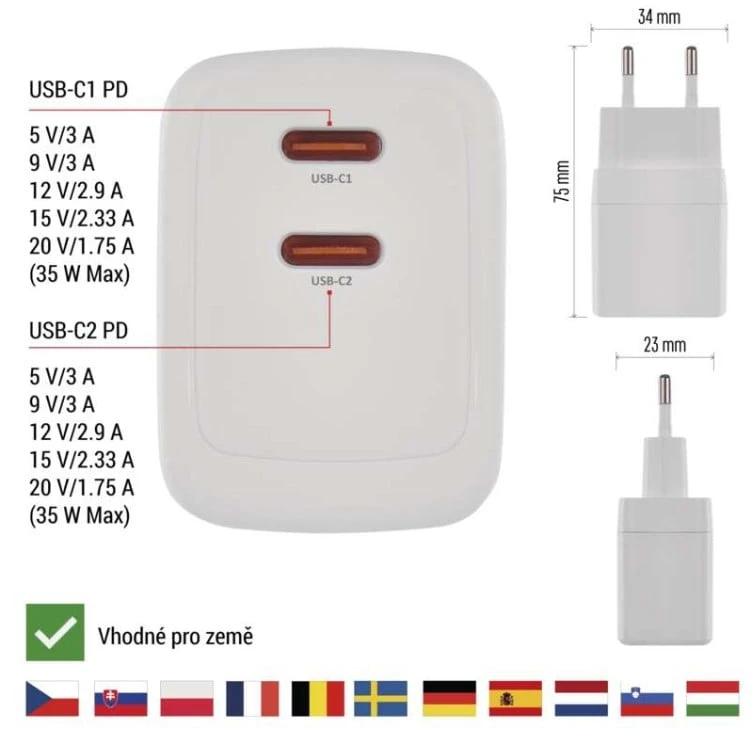Emos Universal USB adapter GaN to PD 35 W max.