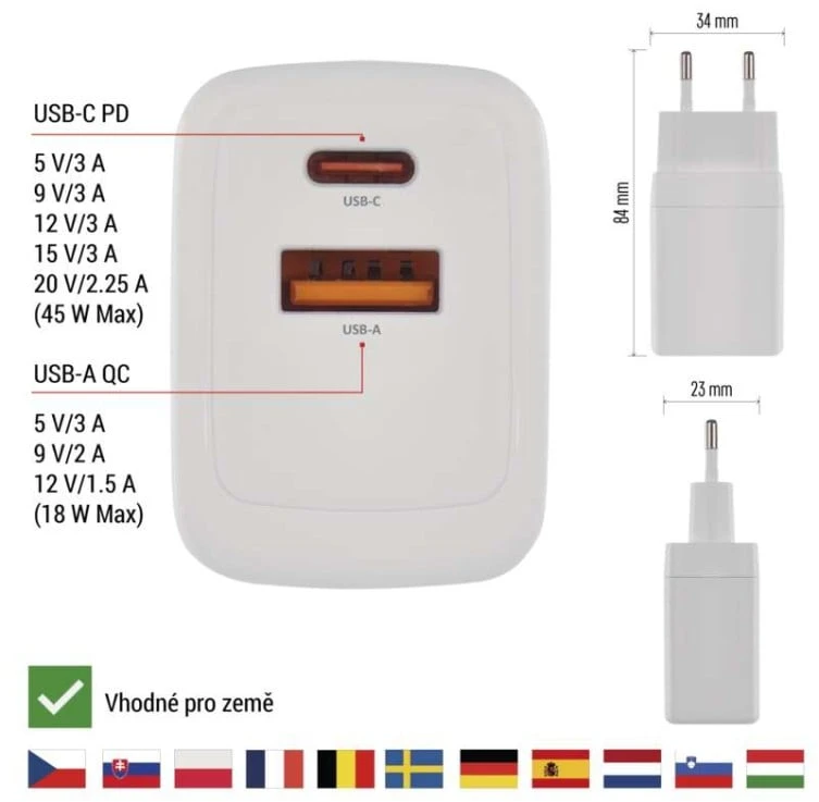 Emos Universal USB adapter GaN to PD 45 W max.