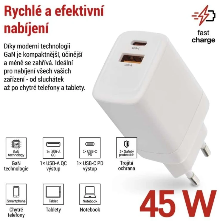 Emos Universal USB adapter GaN to PD 45 W max.